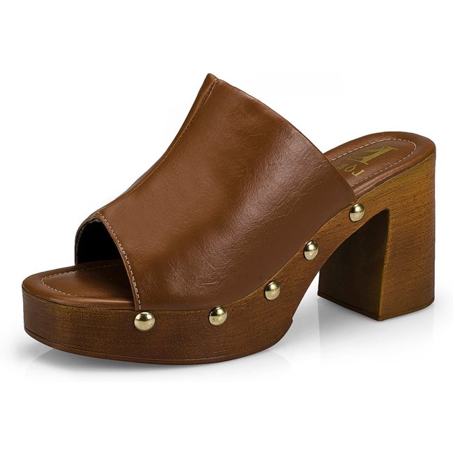 Tamanco Feminino Sandália Salto Alto Grosso Bloco Madeira 7011 Caramelo