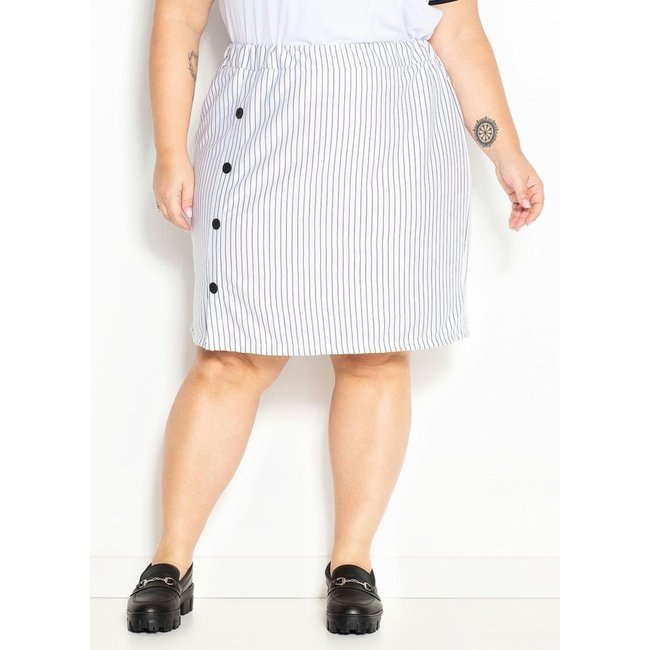 Saia Com Botões Plus Size Risca De Giz Branca Marguerite
