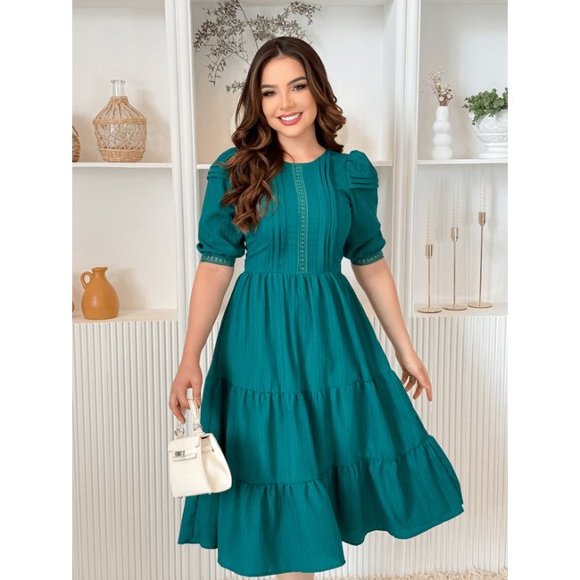 Vestidos Midi Elegante Festa Convidada com Manga e Guipir Verde Escuro