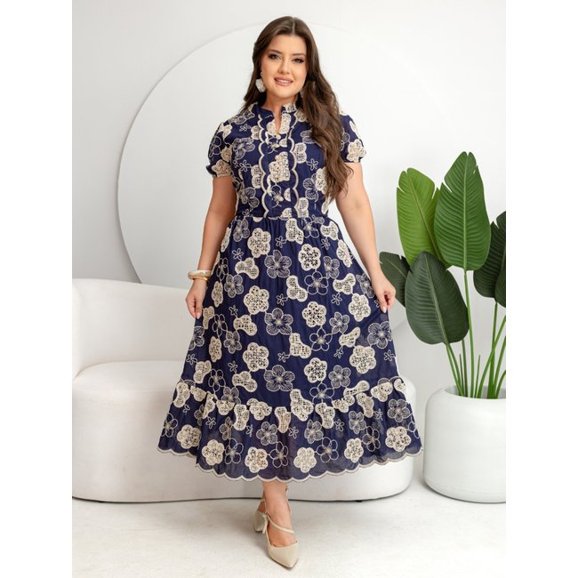 Vestido Elegante Midi Gola Alta Manga Princesa Curta Bordado Algodão Azul Marinho