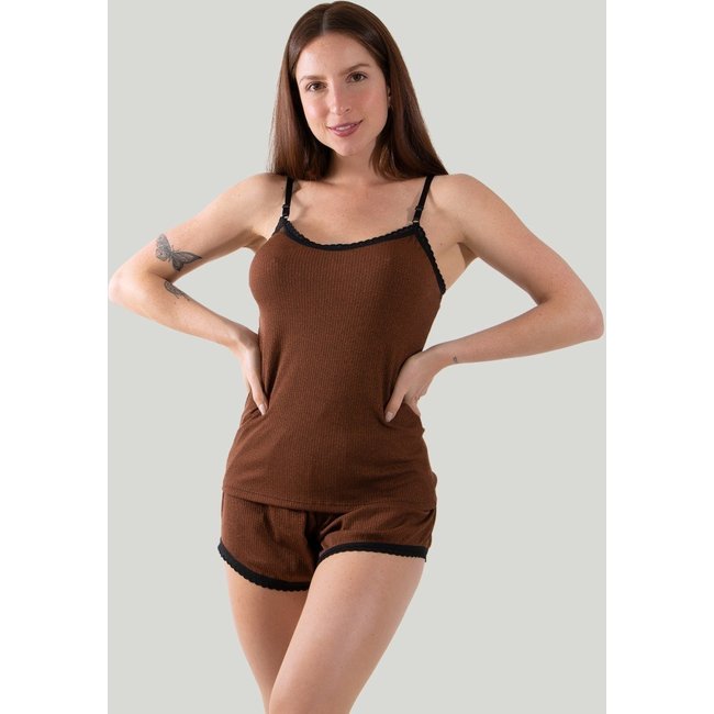 Babydoll em Ribana Canelada Feminino Roupa de Dormir Linha Noite Marrom