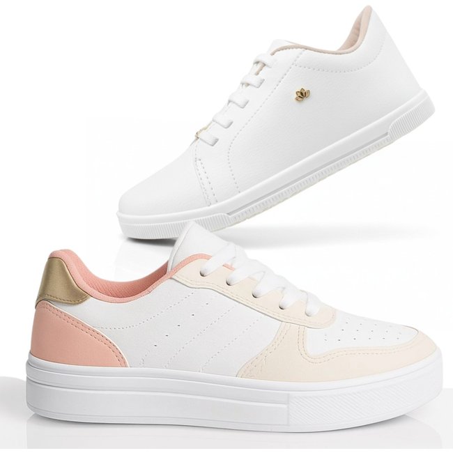Kit Tênis Feminino Branco Sneakers Tratorado Clean Fashion c/Dourado Confortável