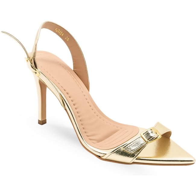 Sandália Feminina Salto Fino Bico Folha Ouro Light Sofisticada 6014