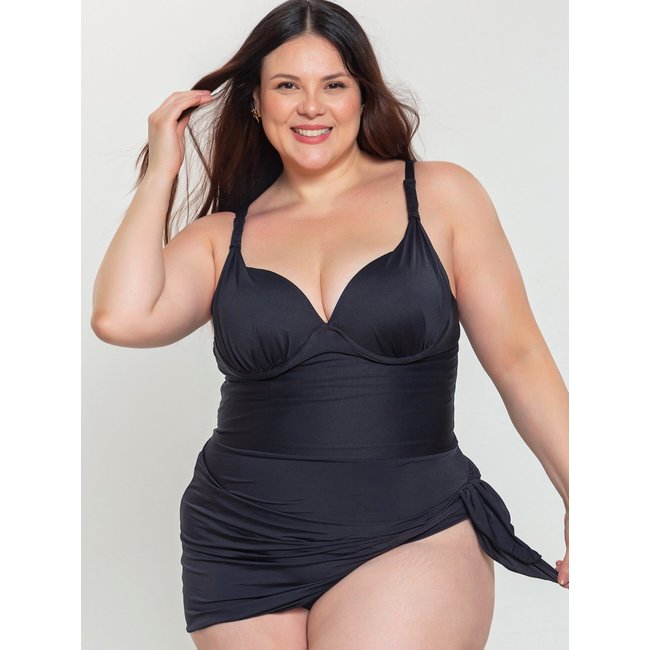 Maiô Plus Size Orla da Praia Feminino Com Saia Saída Praia Bojo Com Aro Preto