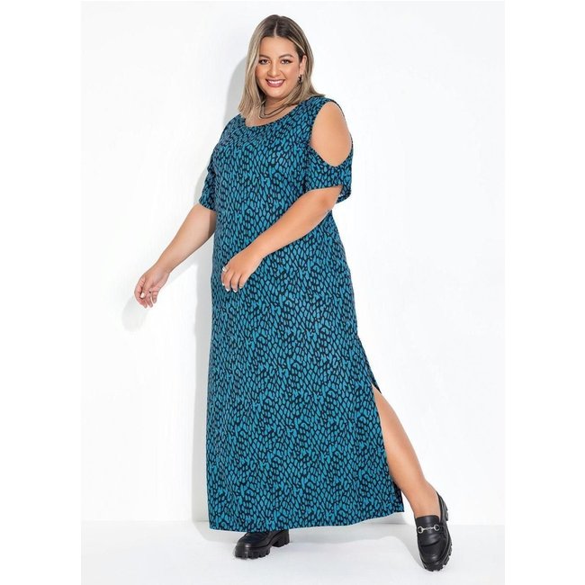Vestido Com Fendas Plus Size Animal Print Azul Marguerite