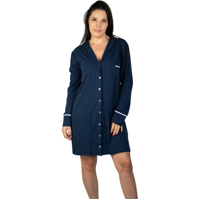 Camisola Algodão Feminina Americana Manga Longa com Botão Botões Inverno Adulto indicado Gestante Amamentação e Pós cirúgico – Marinho