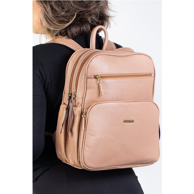 Mochila feminina de couro liso Zaya - Bege