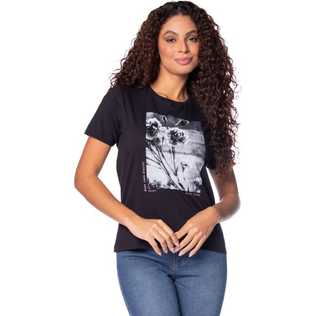 Camiseta Feminina Olho Fatal Estampa Floral Preto/Cinza