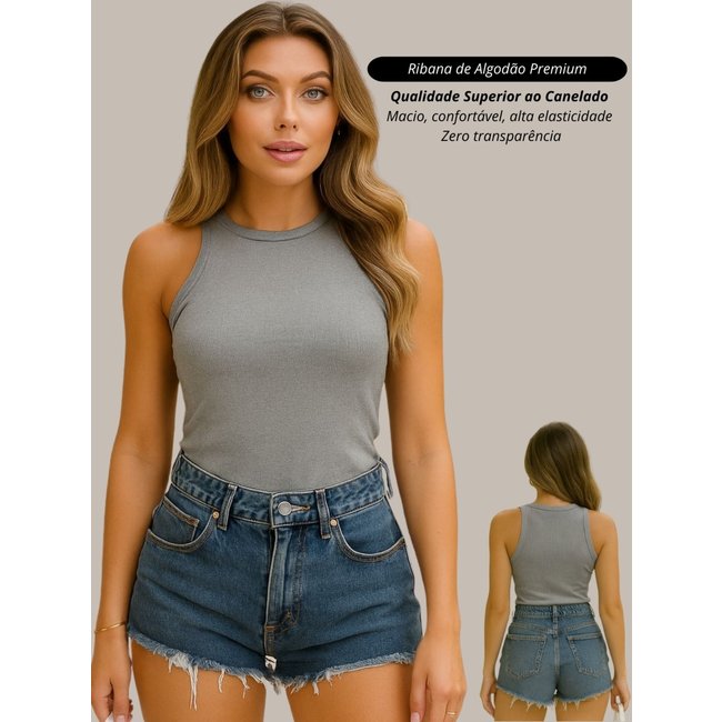 Blusa Feminina Regata Cinza Sem Manga Casual Basica Simples Verao Ribana Algodao Premium
