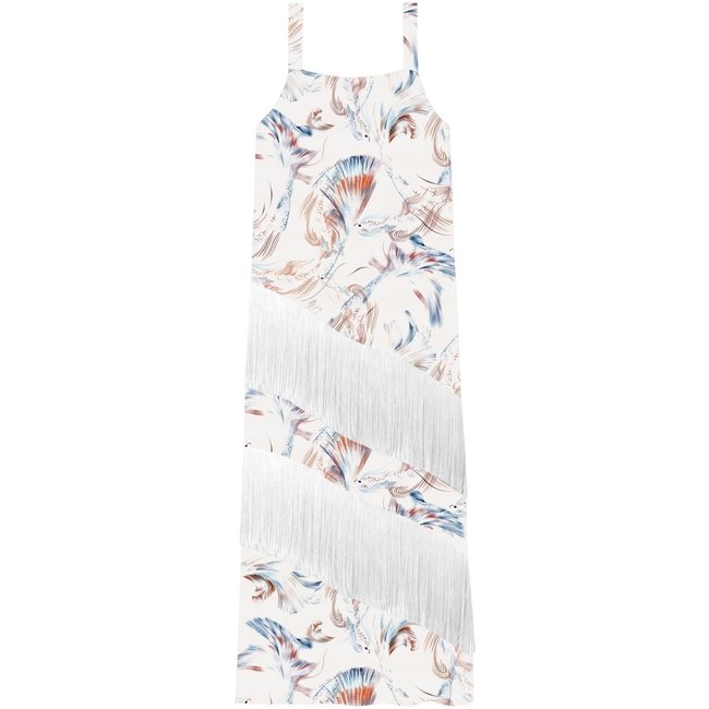 Vestido Longo Estampado De Alças Com Franjas