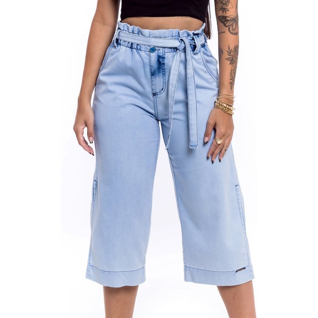 Bermuda Pantacourt Restrito Jeans Com Elástico - Azul Claro
