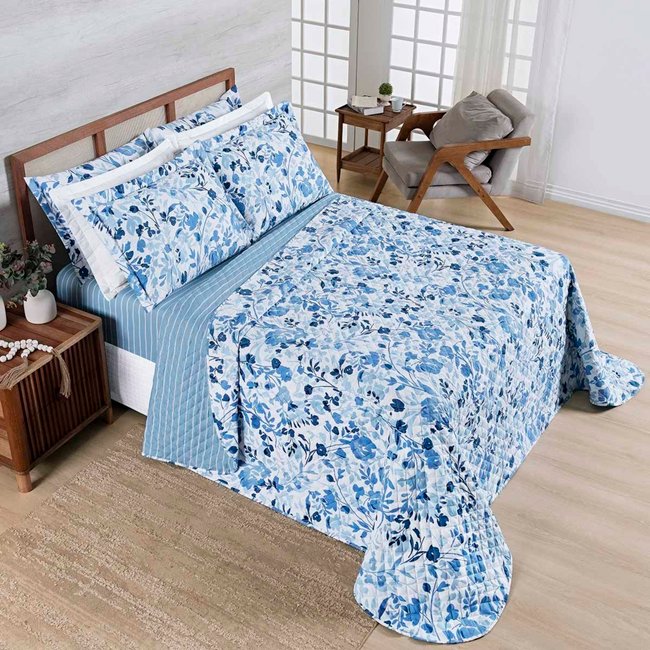 Kit Cobre Leito Colcha Casa Scarpa Belle Casal Padrão Estampado Dupla Face 400 Fios 3 Peças Florido Azul