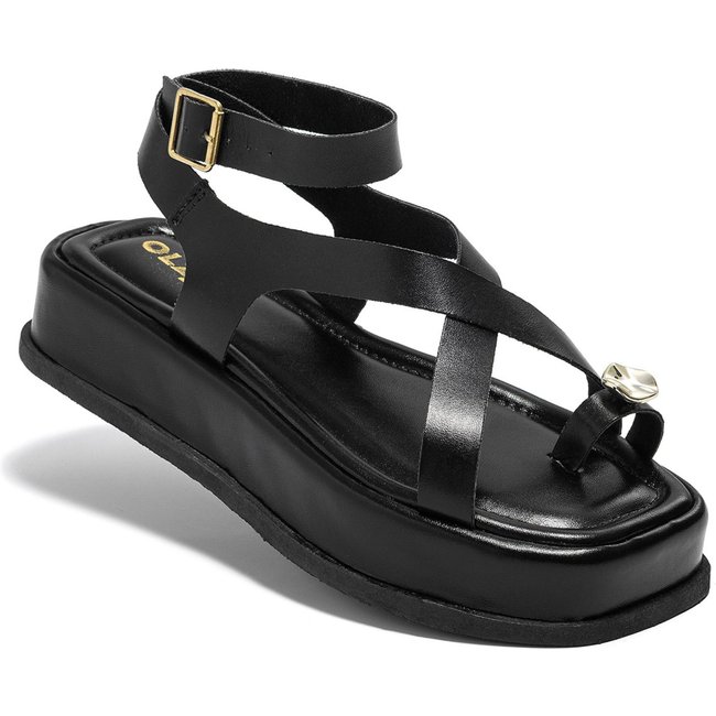 Sandália Feminina Plataforma Flat ABS Dourado Fivela Rasteira Confortável Original Olzzy Preto