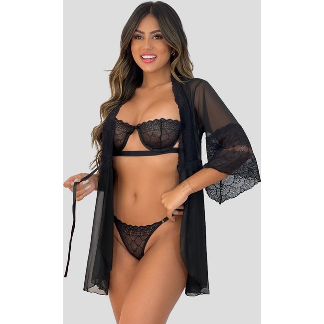 Kit Robe De Tule + Conjunto Lingerie Gringa Meia Taça Sexy Preto