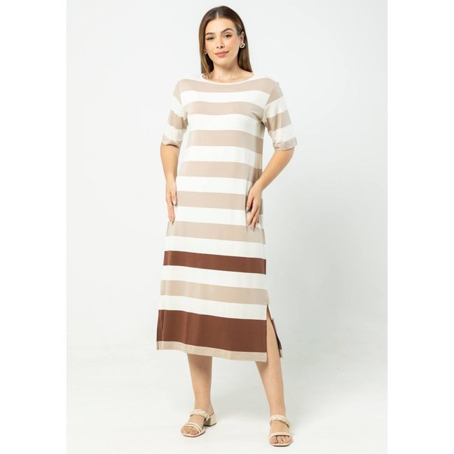 Vestido Midi Listrado Pau a Pique Bege BEGE - GG Pau a Pique