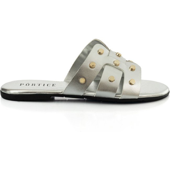 Sandália Feminina Rasteirinha Flat Flatform Rasteira Enfeite Metal Brilho Prata