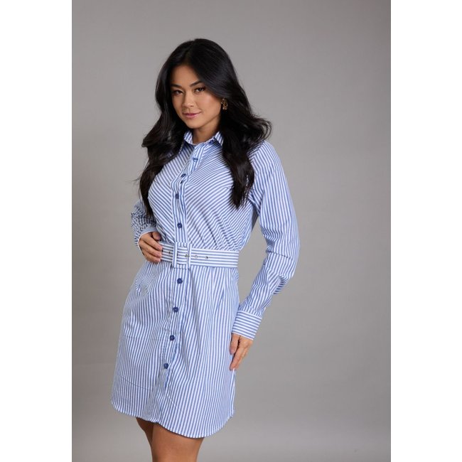 Vestido Midi Listrado Manga Longa com Cinto Lemier Collection Azul