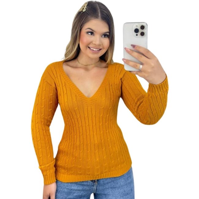 Blusa Feminino FMF Suéter de Tricô Mostarda Manga Longa
