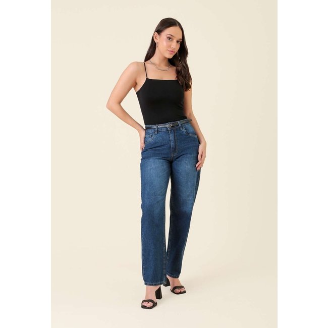 Calça Pop Me Mom Jeans Com Cinto Azul Escuro