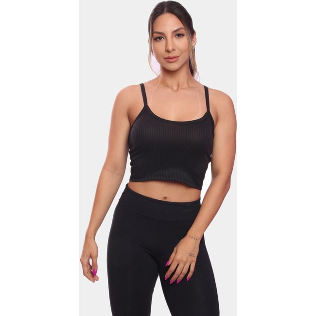 Top Cropped Alcinha Canelado Feminino Lisa Blusa Blusinha Básica Preto