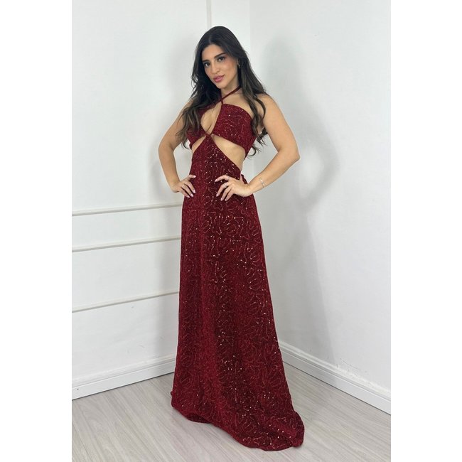 Vestido Longo Frente única Abertura Lateral Paetê Amarração Helianne Vermelho