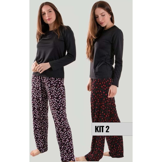 Kit Com 02 Pijamas Manga Longa Inverno Liganete Calça Estampada