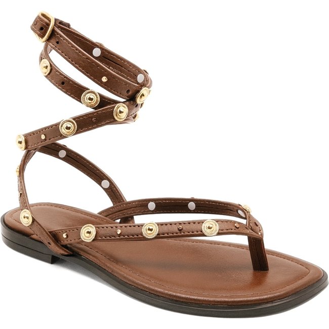 Rasteira Feminina Flat Boho Com Tiras Com Tachas Douradas Leve e Sofisticada Flor da Pele 304 Cacau