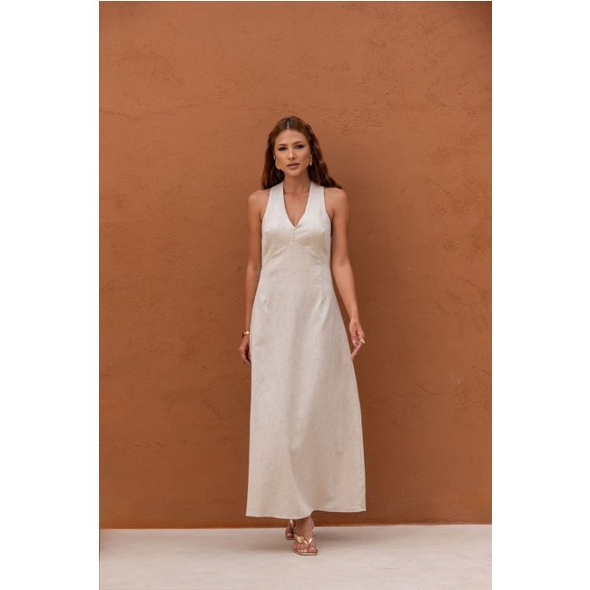 Vestido Midi Feminino com Decote em V Detalhe nas Costas Lemier Collection Off White