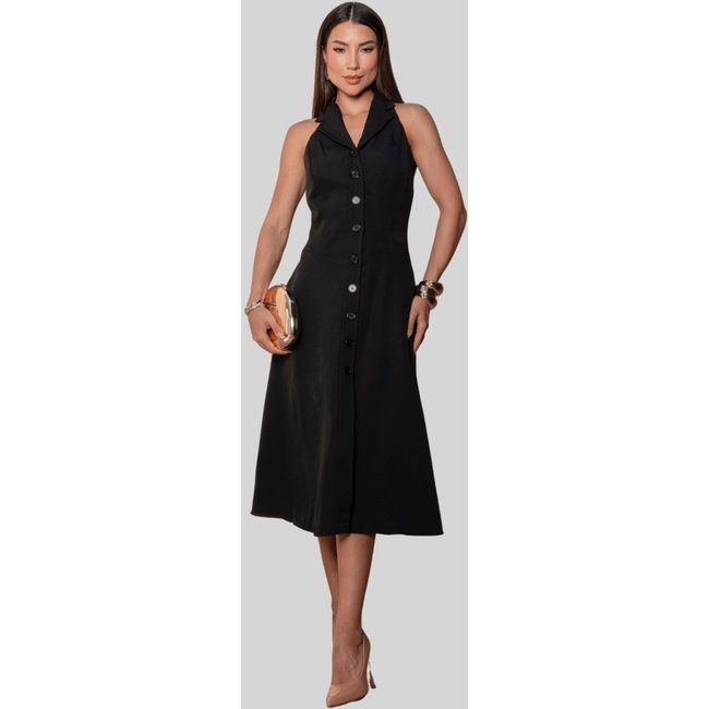 Vestido Miss e Misses Flaviana Midi Aberto C/Botao C/Bolso Preto