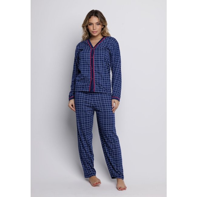 Pijama Blogueira Longo Aberto Botões Xadrez Marinho