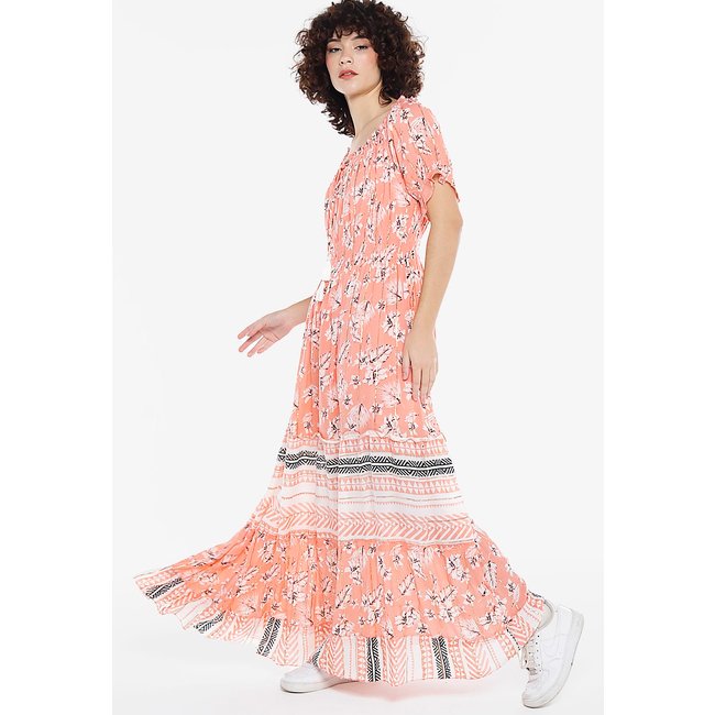 Vestido Longo com Mangas Estampado com Lurex Rosa Sob