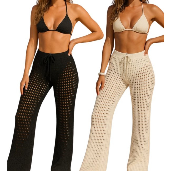 Kit 2 Calça Tricot Reflexo Íntimo Saída De Praia Pantalona Crochê Verão Preto e Off White