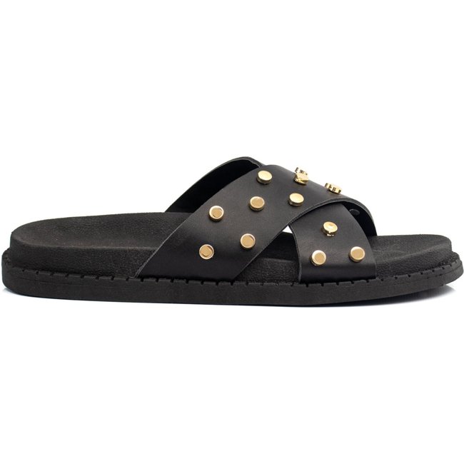 Sandália Papete Flatform Rasteirinha Enfeite Metal Brilho Metalizado Preto