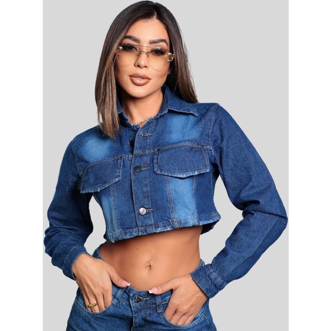 Jaqueta Jeans Cropped Escura Bordada Patria Brasil
