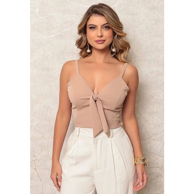 Blusa Regata Cropped Detalhe Laço Moda Verão Bege