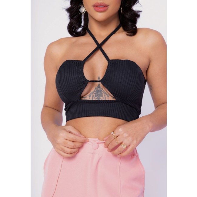 Cropped Transpasse Canelado Amarração Leão Preto