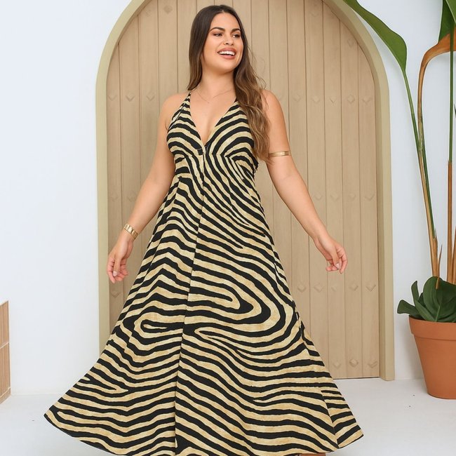 Vestido Longo Estilo Indiano FMF Lenço Decote e Costas Aberta Bege