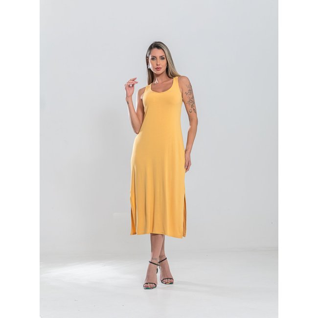 Vestido Regata Midi e Fenda Lateral ajustes nas Costas Tecido Comfortavel -Amarelo