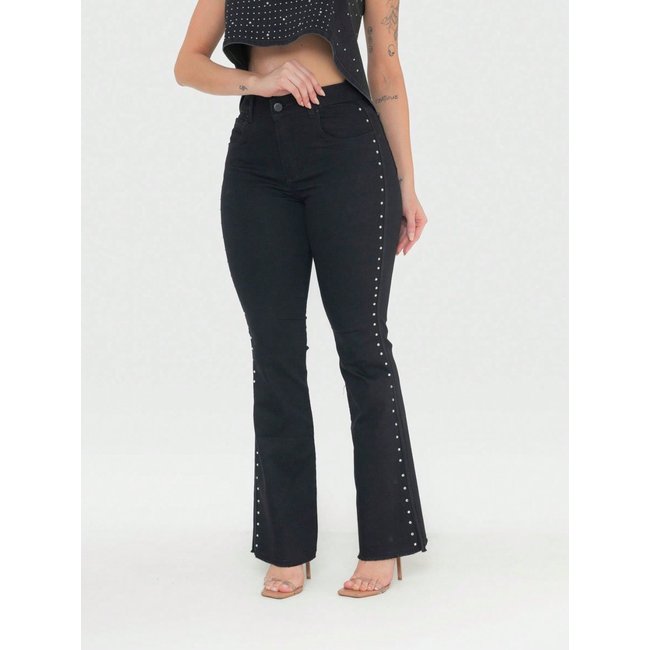 Calça Feminina Flare Jeans Preto com Strass Lateral