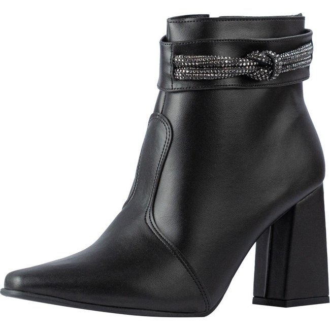 Bota Coturno Feminino Strass Bico Fino Lumiss Salto Alto Grosso Cano Curto Confort Preto