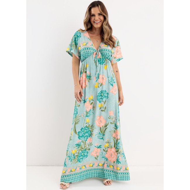 Vestido Longo Decote Profundo Floral Verde Quintess