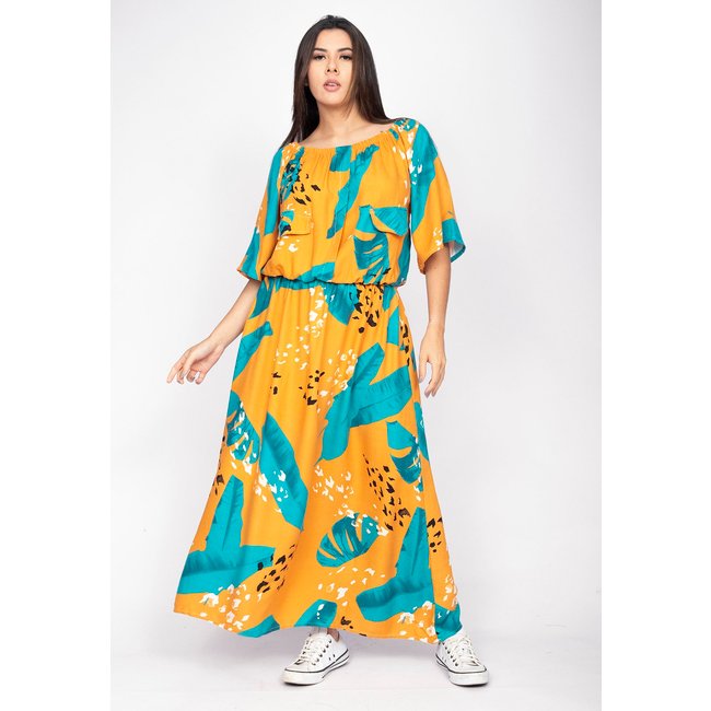 Vestido Midi Cabanafree Ciganinha Viscose com Lapela Estampa Aurora Botânica