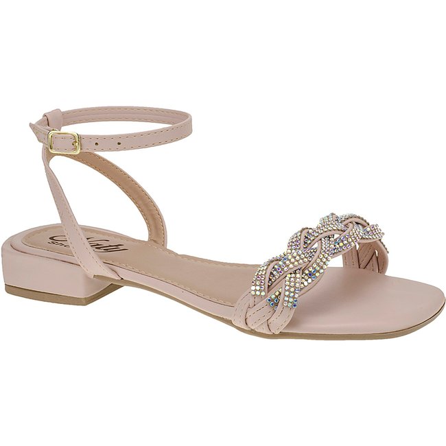 Sandália Saltinho 2,5 cm Baixo Bloco Strass Rasteirinha Nude Numeração Especial 41,42,43