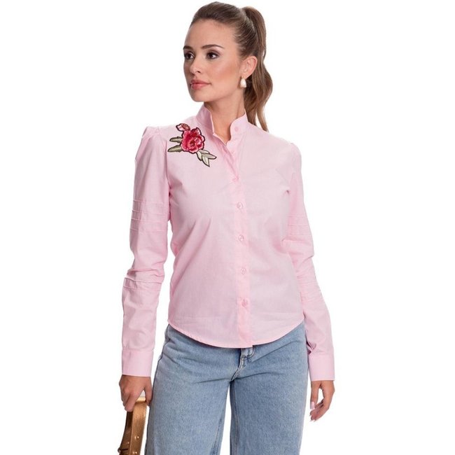 Camisa Social Feminina Bordado Floral Algodão Luxo Teodoro Azul Claro G Rosa