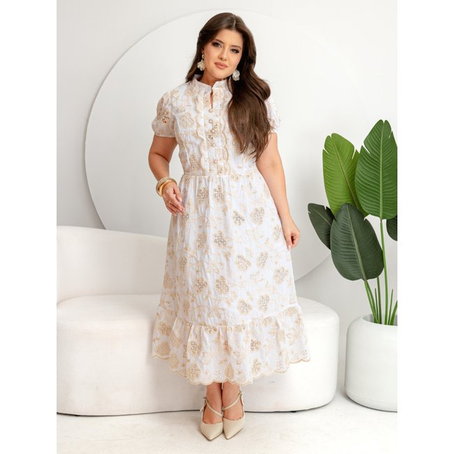 Vestido Elegante Midi Gola Alta Manga Princesa Curta Bordado Algodão Off-White