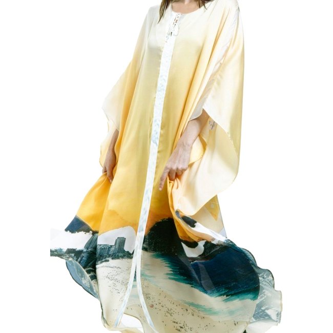 Vestido KAFTAN Longo Crepe Estampado EXCLUSIVO RJ Amarelo