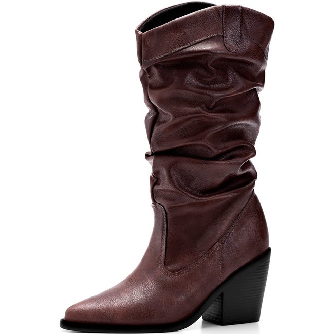 Bota Feminina Lumiss Western Texana Slouchy Cano Médio Salto Bloco Enrugada Marrom