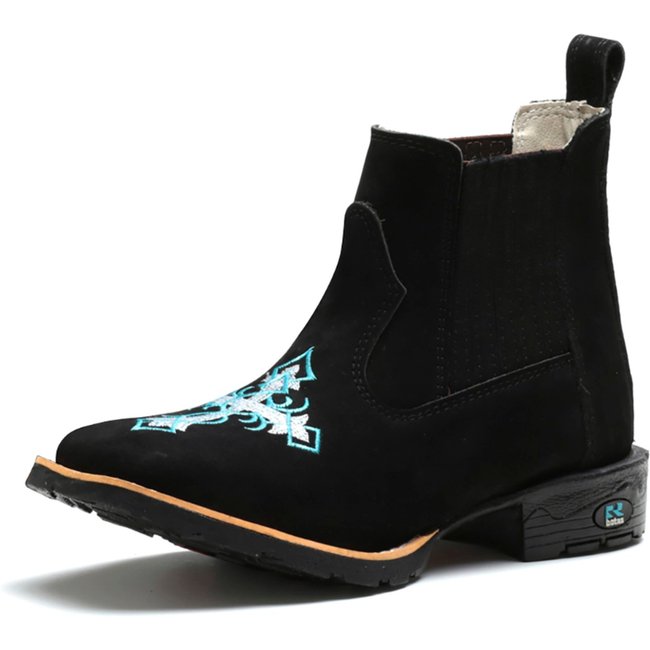 Bota Botina Feminina RR Botas Rodeio Country Couro Bordado Cruz Confortável Preta