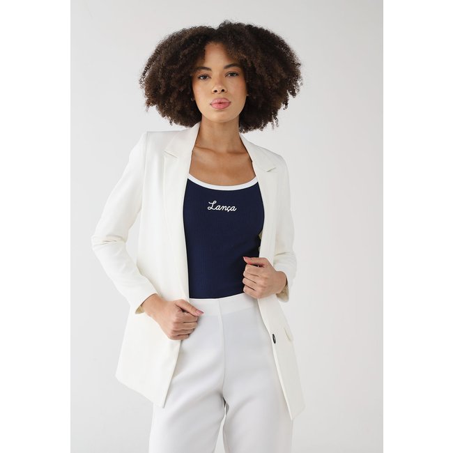 Regata Feminina Lança Perfume Canelada Bordado Azul Marinho e Branco