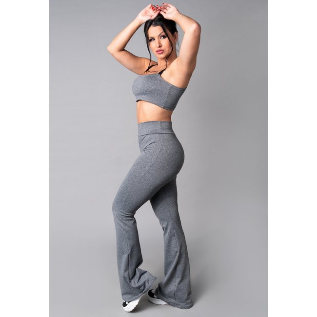 Conjunto MVB Modas Calça Flare Feminina e Top Faixa com Alça Suplex Liso Cinza